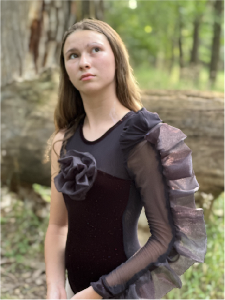 SOLO CUSTOM competetitve dancewear COSTUME CREATED BY SEWN 2 custom-fit dance costumes DANCE BLACK VELVET ONE SLEEVE WITH RUFFLE AND LARGE ROSE ON FRON