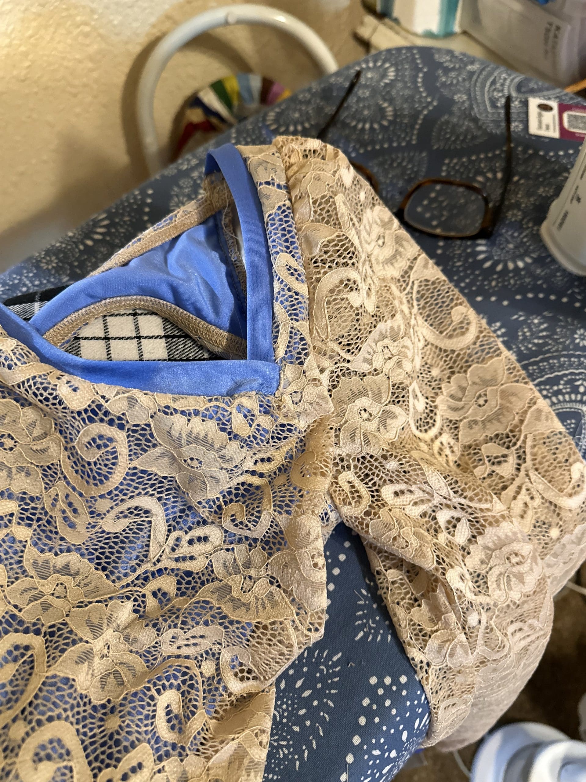 costume of blue and ivory lace costume alterations for a client