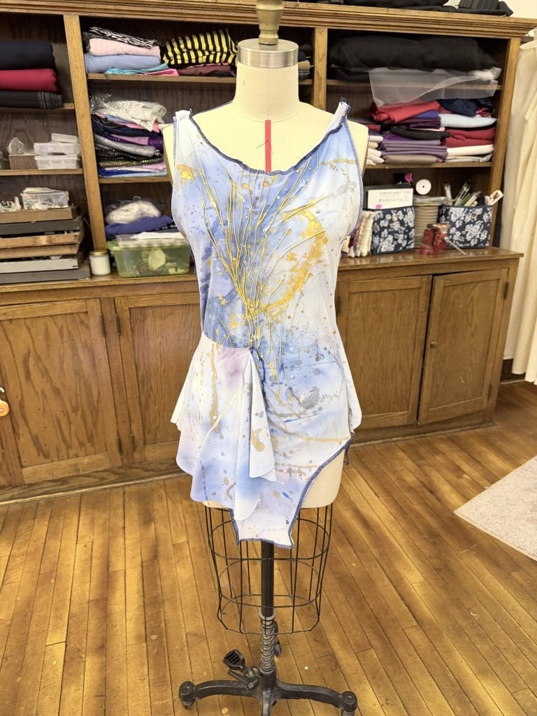 a custom solo jazz or lyrical costume, on mannequin at sewn 2 dance seeing how new pattern working out for neckline and armysce