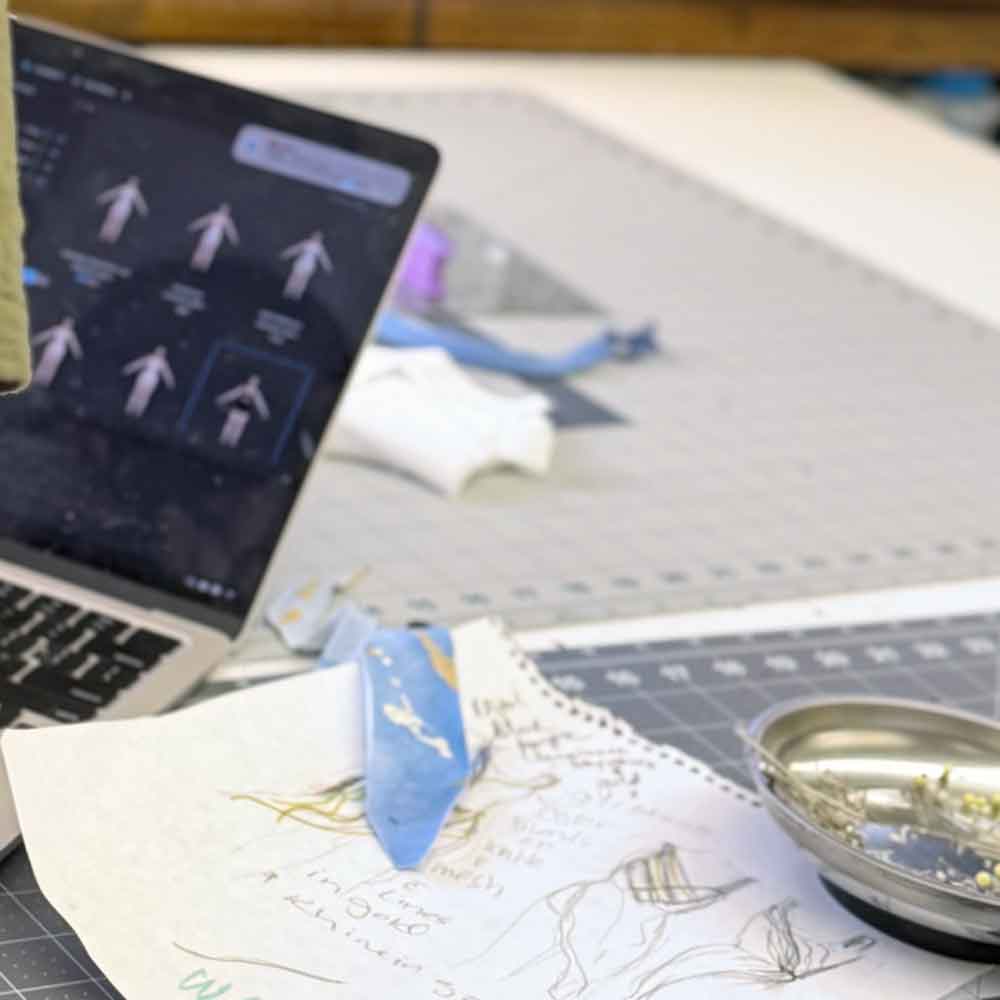 drafting a pattern on to avatar on the computer from orginal sketch from Sewn 2 Dance