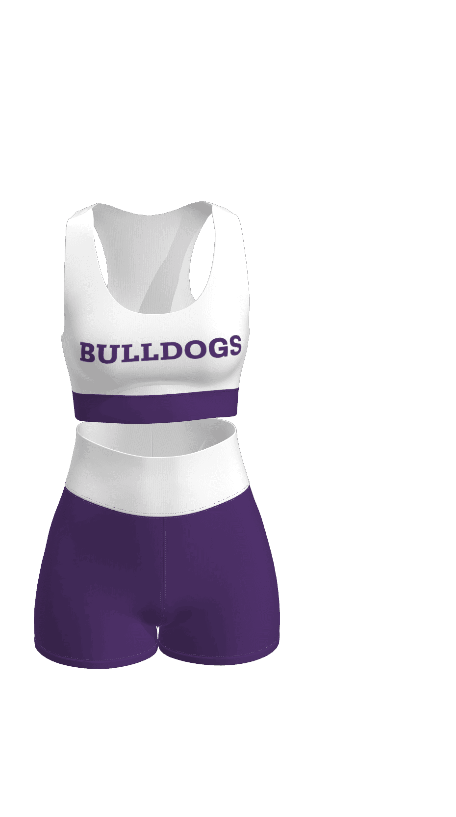 crop tank top and shorts purple and white with team name on front of the top and back has bulldogs