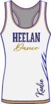 MOCK UP OF DANCE TANK FOR HEELAN DANCE TEAM IN WHITE BLUE AND GOLD WITH DANCERS NAME ON SIDE