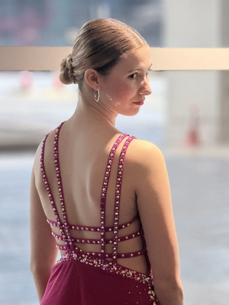 Girl in pink lyrical Custom costume for fitting and consultation with Sewn 2 Dance you can see how it doesn't fit the dancer in the back and pulling up on back left side