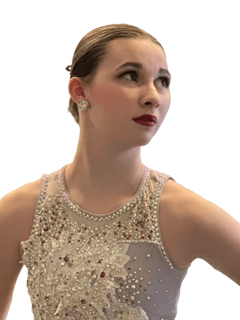 Girl in purple custom competition lyrical dance costume one-of-a-kind transformation created by Sewn 2 Dance, heavily embellished with rhinestones and appliqué.